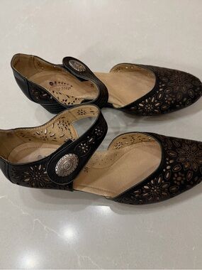 Spring Step Nougat Black Laser-Cut Mary Jane Heels with Concho Strap, 36